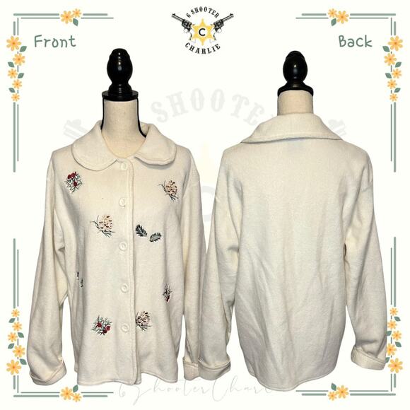Premier International Women Sz Large White Cozy Button Down Jacket Embroidered - Picture 1 of 6